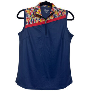 FRINGE Golf Polo XS Floral Sleeveless Quarter Zip Navy Stretch NWT